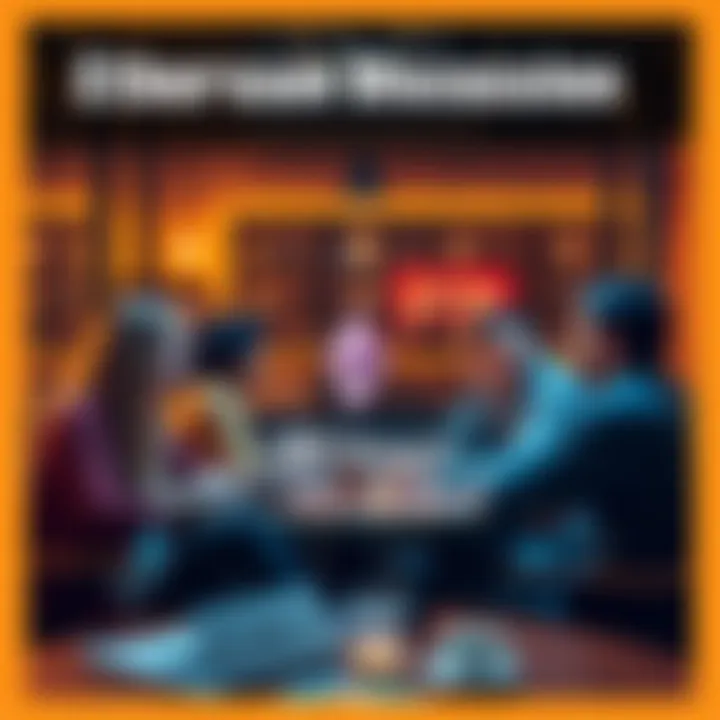 A group of people engaged in a lively discussion about Ethereum topics and news, with laptops and coffee in a cozy setting.