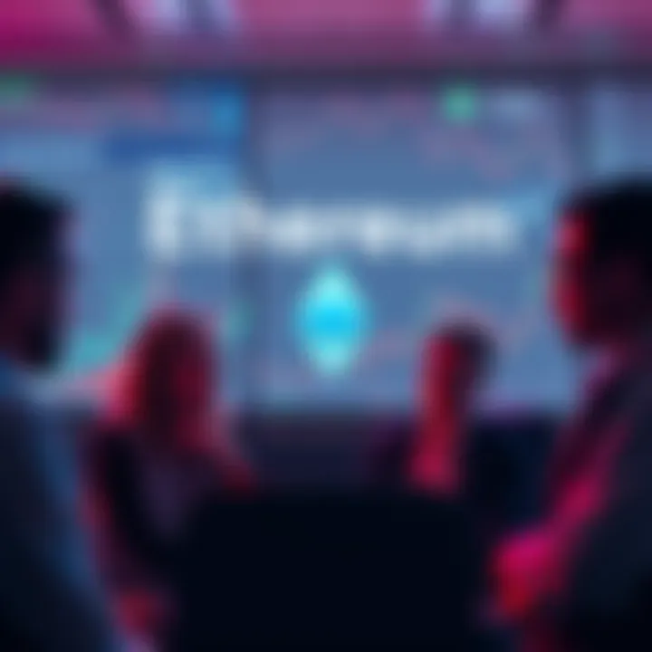 A group of people engaging in conversation about Ethereum with charts and news articles in the background.