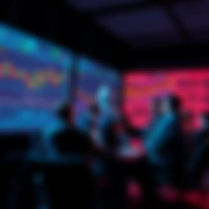 People discussing Ethereum price trends with charts on a screen in the background