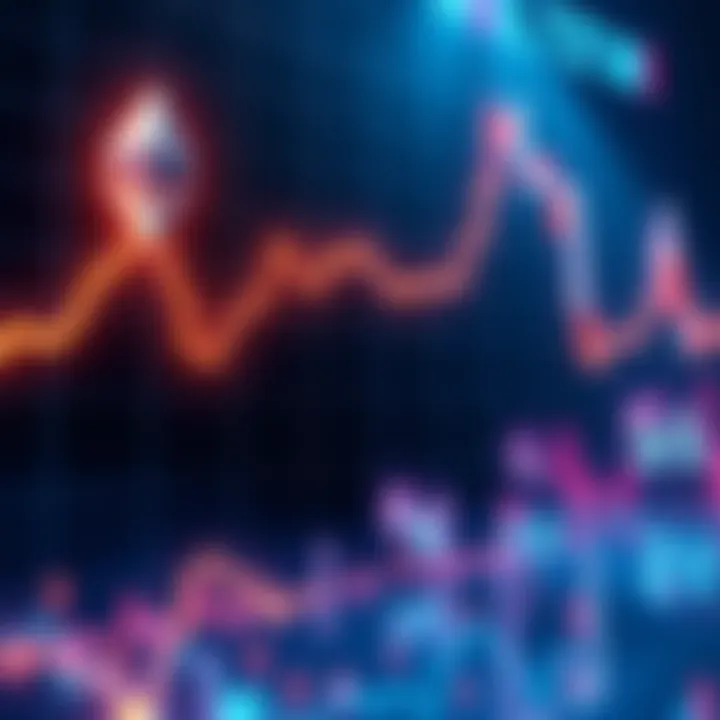 A digital graph showing a rising trend in Ethereum's price with an upward arrow and dollar signs indicating investment growth.