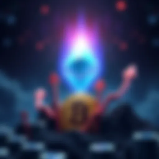 Illustration showing Ethereum logo rising above Bitcoin logo with upward arrows symbolizing growth.