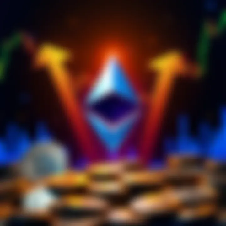 A graphic showing Ethereum's logo with upward arrows indicating a price surge, surrounded by coins and charts suggesting growth.