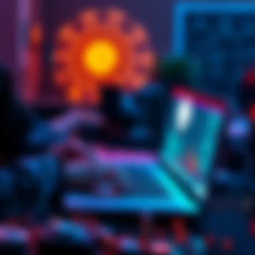 A developer coding on a laptop with blockchain elements around