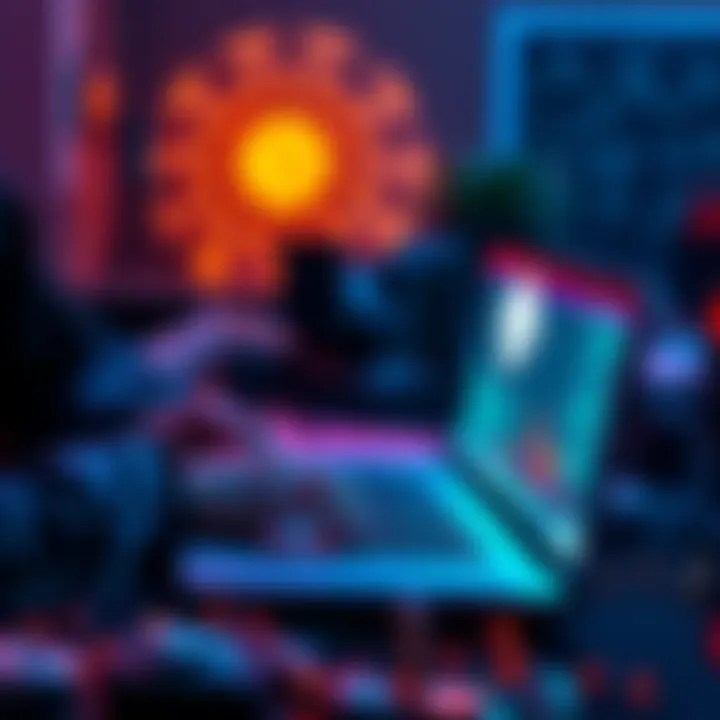 A developer coding on a laptop with blockchain elements around