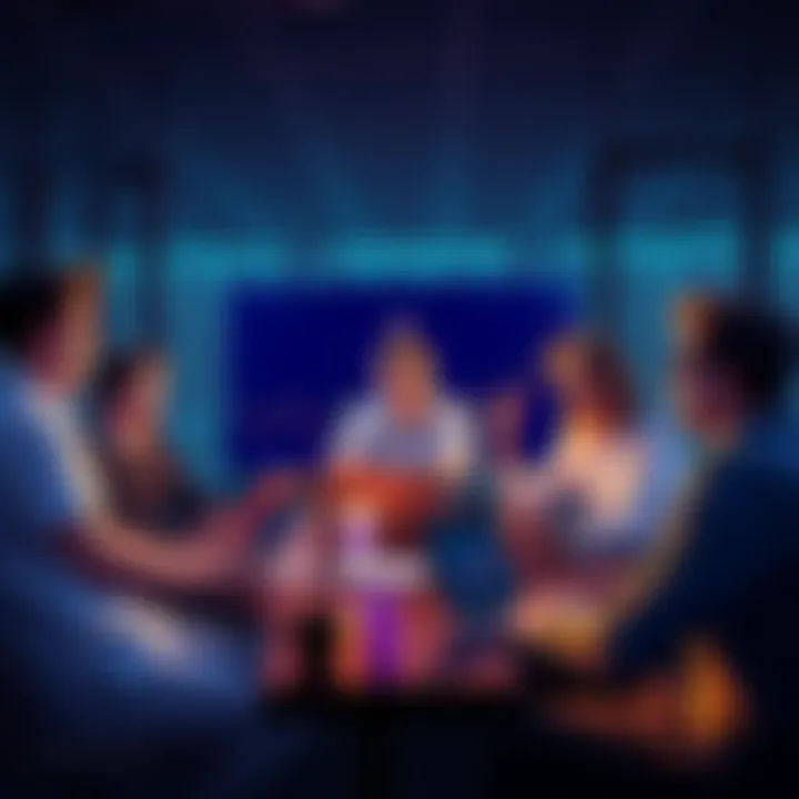 A group of people engaged in a discussion about Ethereum topics and prices, with laptops and charts visible.