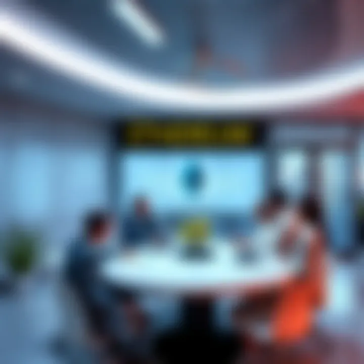 Graphic showing a modern office with people brainstorming around a table, symbolizing the Ethereum Foundation's restructuring efforts.