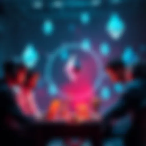 A group of developers collaborating on a blockchain project, with Ethereum logos in the background, symbolizing growth and innovation.
