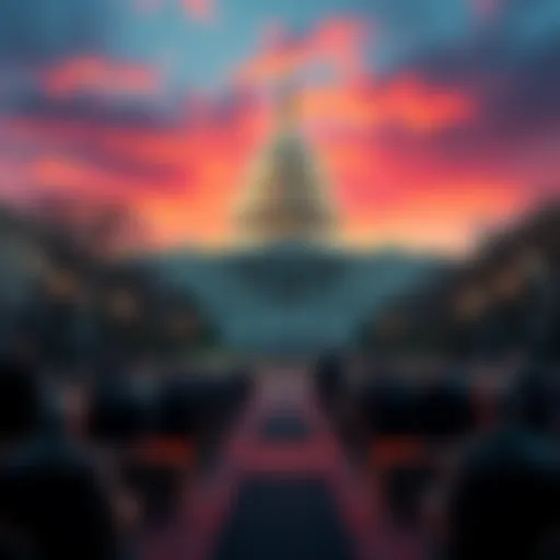 A view of Capitol Hill where a hearing on Ethereum takes place, with people discussing cryptocurrency regulation.