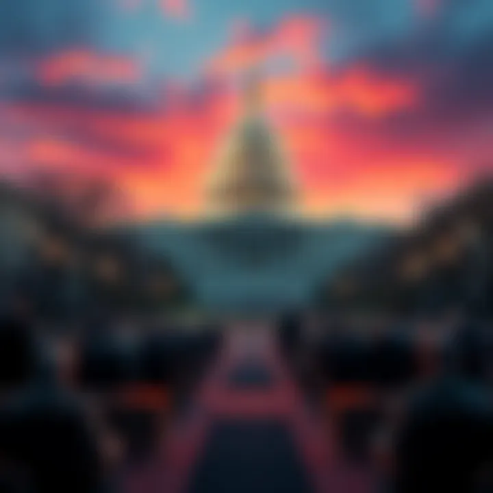 A view of Capitol Hill where a hearing on Ethereum takes place, with people discussing cryptocurrency regulation.