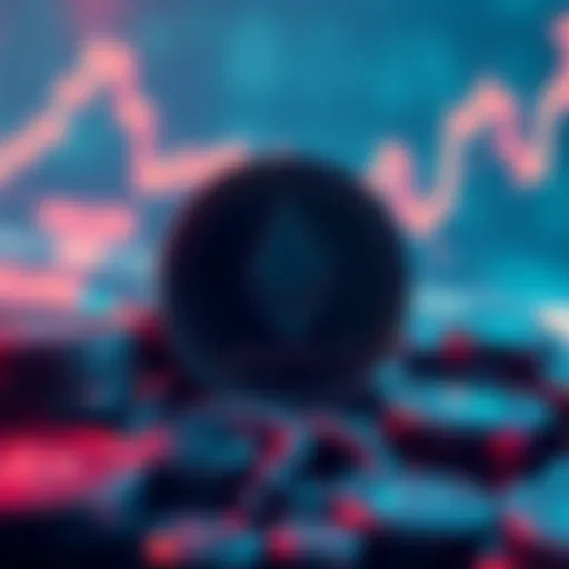 Ethereum coin representation with graphs showing profit increase and market speculation