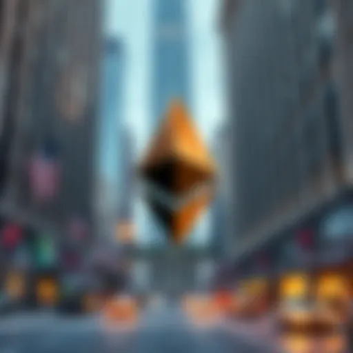 The Ethereum symbol stands in front of Wall Street buildings, symbolizing the rise of cryptocurrency in finance.