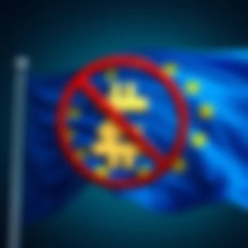 Illustration showing a crossed-out symbol of USDT, DAI, and PAXG next to a European Union flag, representing the ban on these stablecoins.