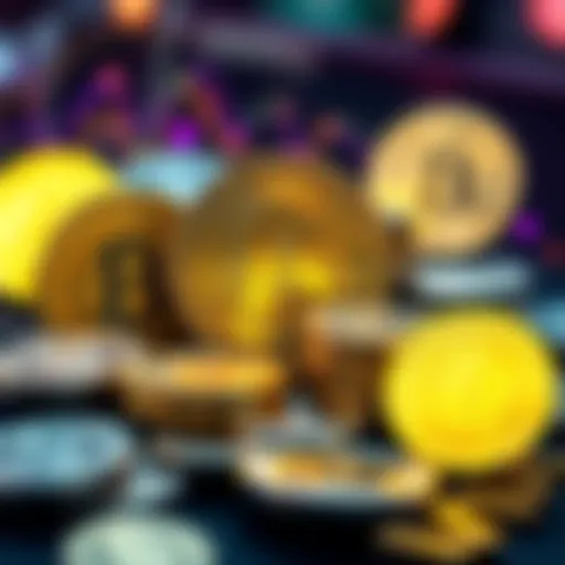 A visual representation of traditional coins transitioning to Bitcoin and futuristic coins, showing the change in money over time.