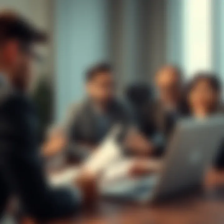 A group of people discussing a recent business opportunity, looking curious and uncertain, with papers and laptops on a table.