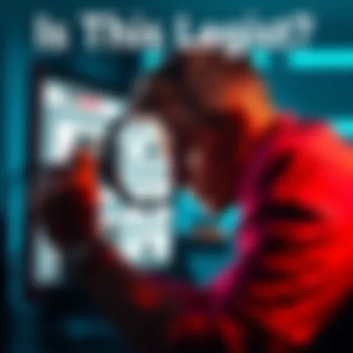 A person looking at a computer screen with a magnifying glass, assessing online claims for authenticity.