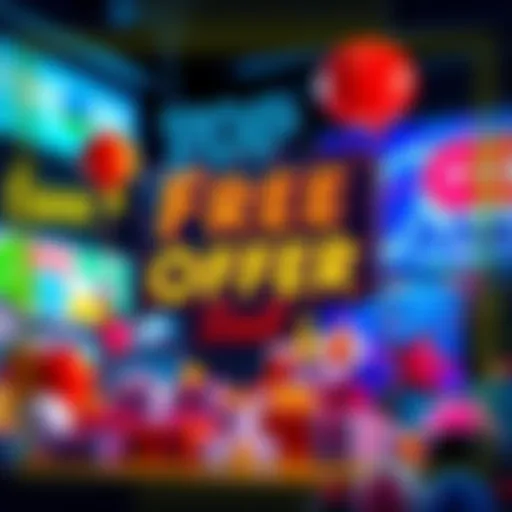 A colorful display of various free products and services that people are eager to grab