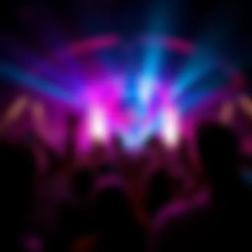 A crowd cheering enthusiastically during the Puuuuump performance, with vibrant lights and energy in the air.