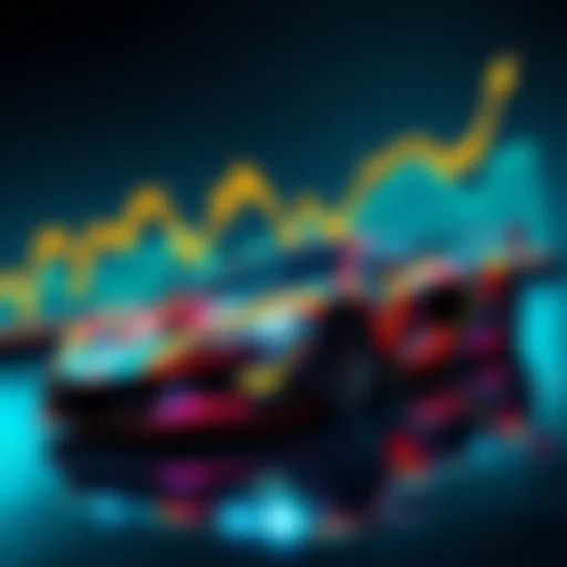 A colorful sports car representing dreams of wealth and success in cryptocurrency investments, with a rising chart in the background symbolizing the XRP trend.