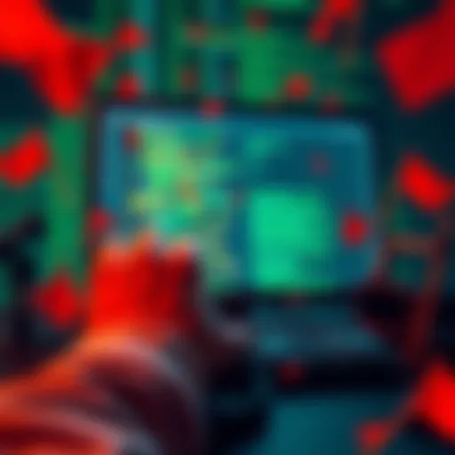 A person manipulating Git repositories on a computer, surrounded by coding symbols and red flags, illustrating cheating in hackathons.