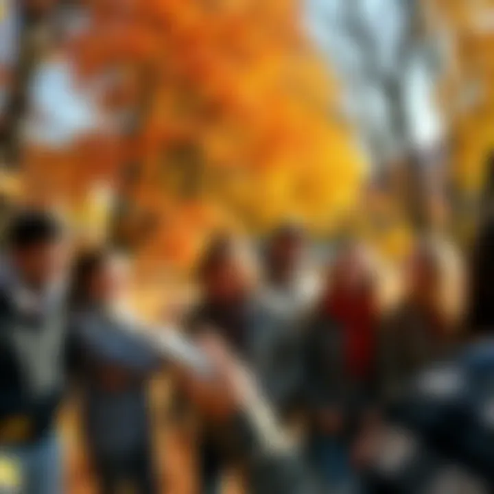 A group of people laughing and sharing stories under colorful autumn trees