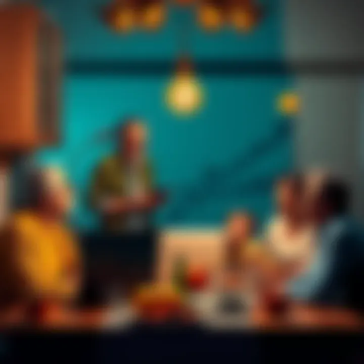 A family gathered around a table during Thanksgiving, one member explaining Bitcoin's value with laptop open, showing charts and visuals on screen.