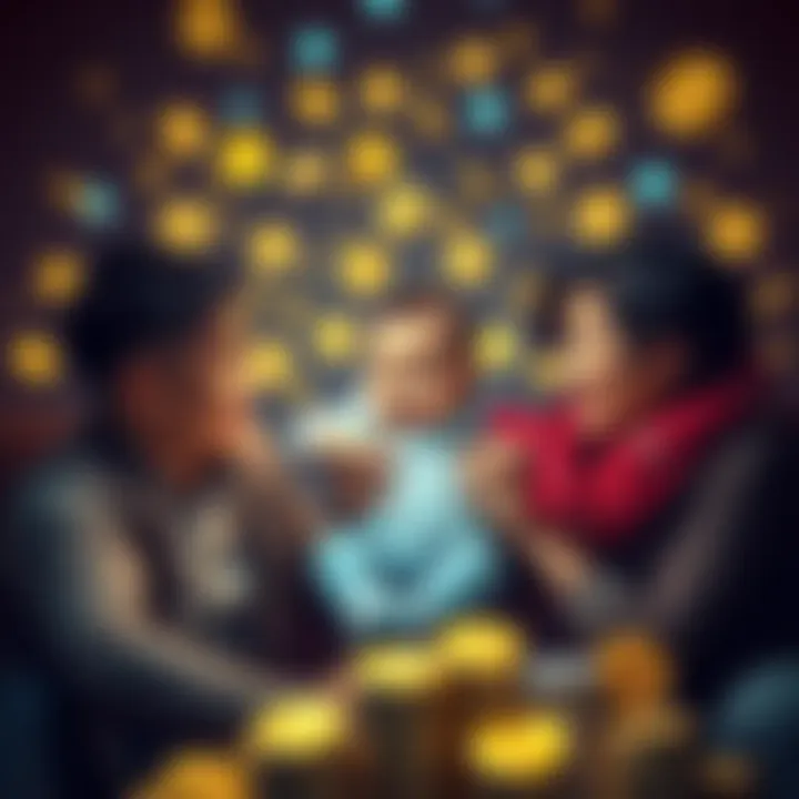 A family with a baby, surrounded by cryptocurrency symbols, joyfully celebrating their new addition to the family in a digital context.