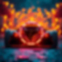 Faraday Future logo with cryptocurrency symbols in the background