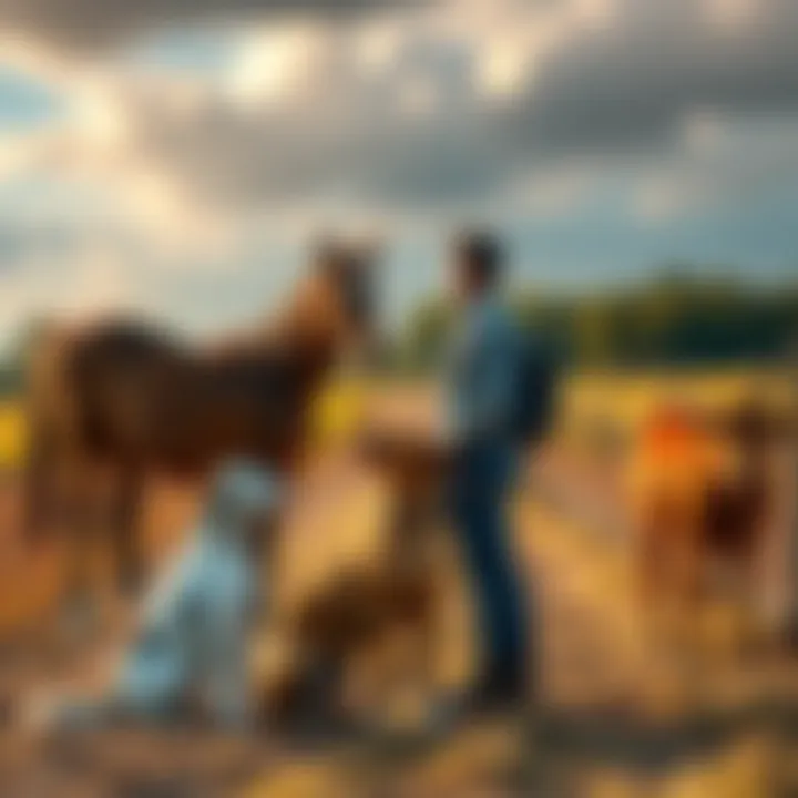 A person standing on a rural farm with a horse and cow, looking at different dog breeds to choose from.
