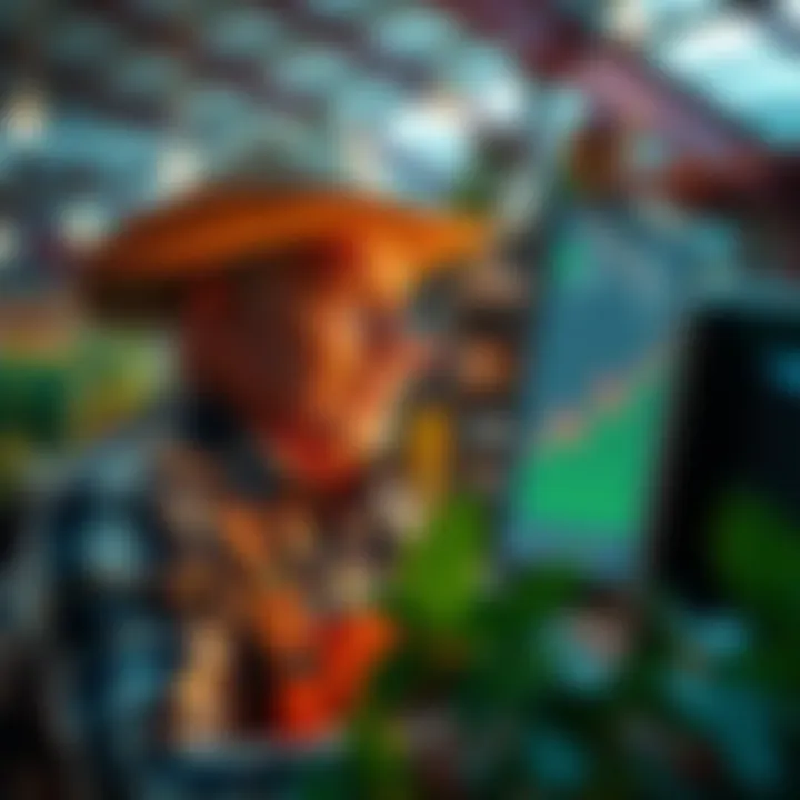 A concerned farmer looking at a computer screen displaying decreasing earnings from their Hpool farm