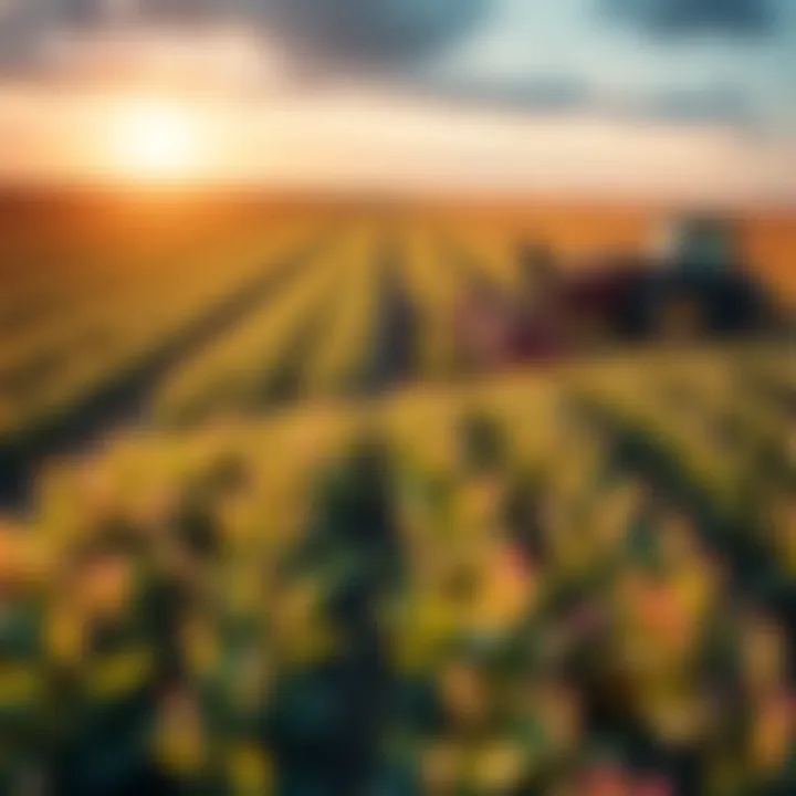 Farmers working in a vast field with crops and machinery, representing agricultural innovation