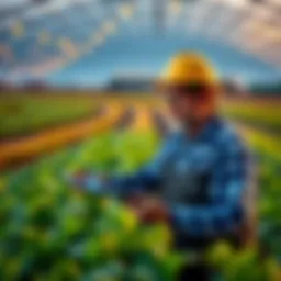 A farmer using smart technology on a modern farm with crops in the background.