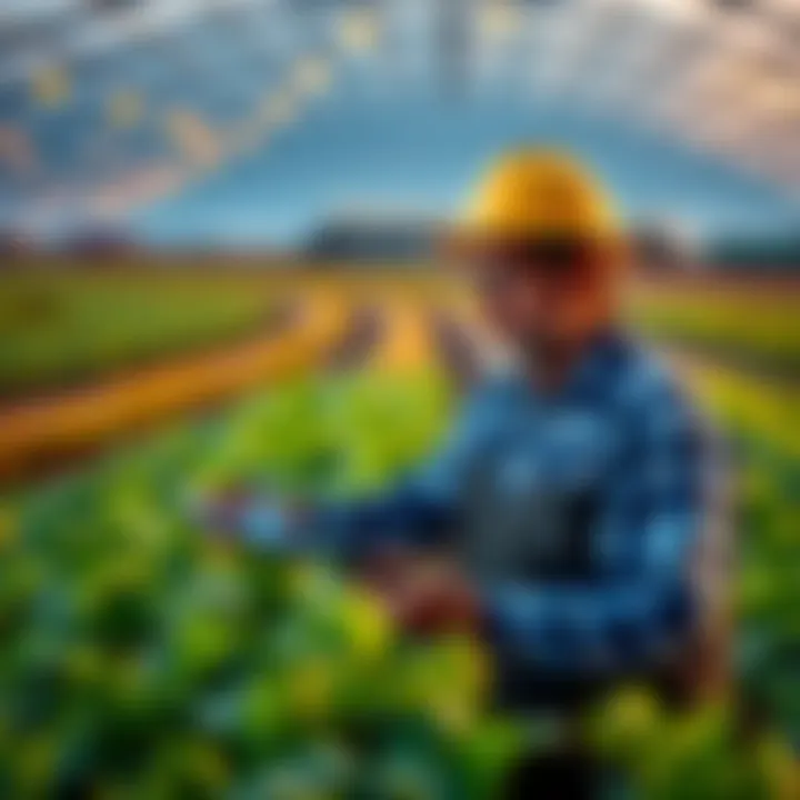 A farmer using smart technology on a modern farm with crops in the background.