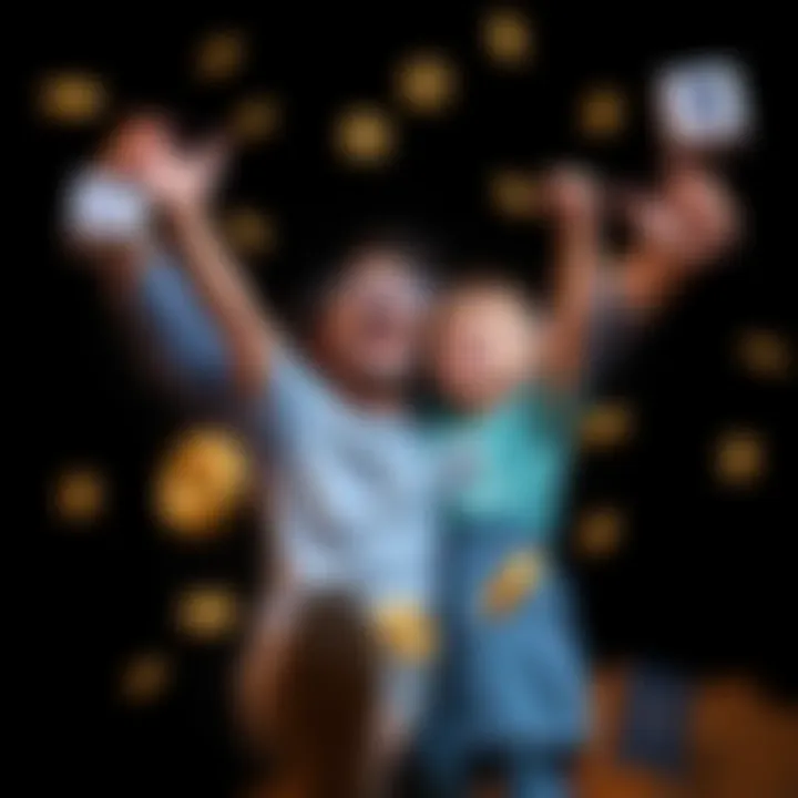 A father and child joyfully celebrating their success in cryptocurrency, with Ethereum and DONUTs symbols around them.
