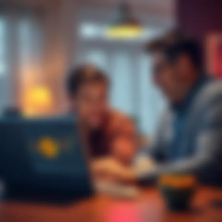 A father and son sitting together at a table, looking at a laptop with a Bitcoin chart on the screen, showing excitement about investing in cryptocurrency.