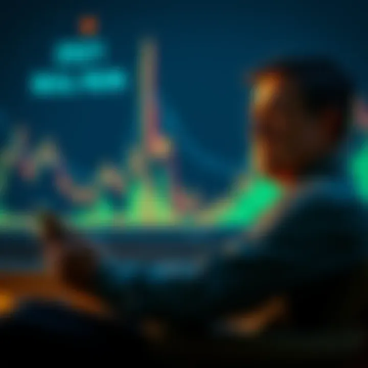 A father sits alone, looking at his phone with a sad expression, thinking about his past Bitcoin sale, with a chart showing rising Bitcoin prices in the background.