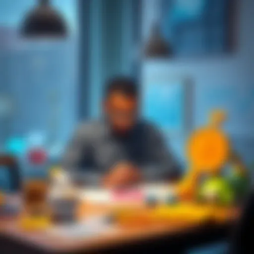 A father sits at a table with baby items and cryptocurrency charts, contemplating financial investment for his child's future.