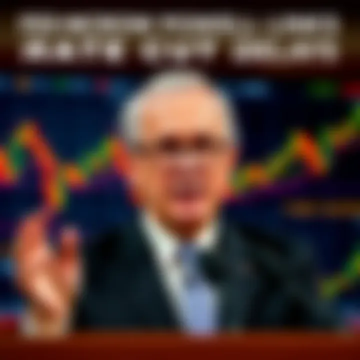 Fed Chair Jerome Powell speaking at a press conference, emphasizing the link between President Trump's policies and delayed interest rate cuts, with financial charts in the background.