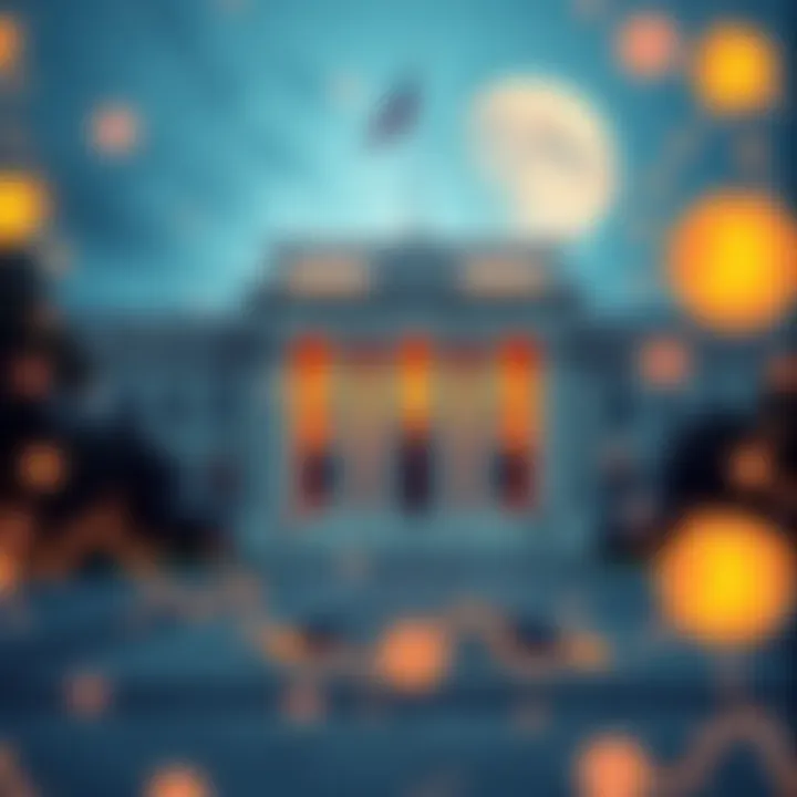A visual of the Federal Reserve building with digital currency symbols overlayed, indicating a change in regulatory focus on cryptocurrency firms.