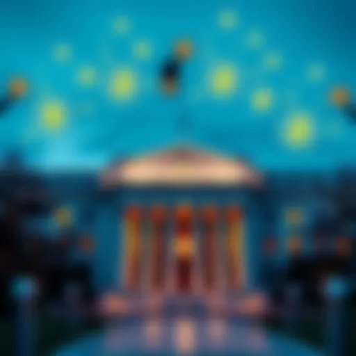 Federal Reserve building with digital currency icons around it, representing staff holding limited cryptocurrency