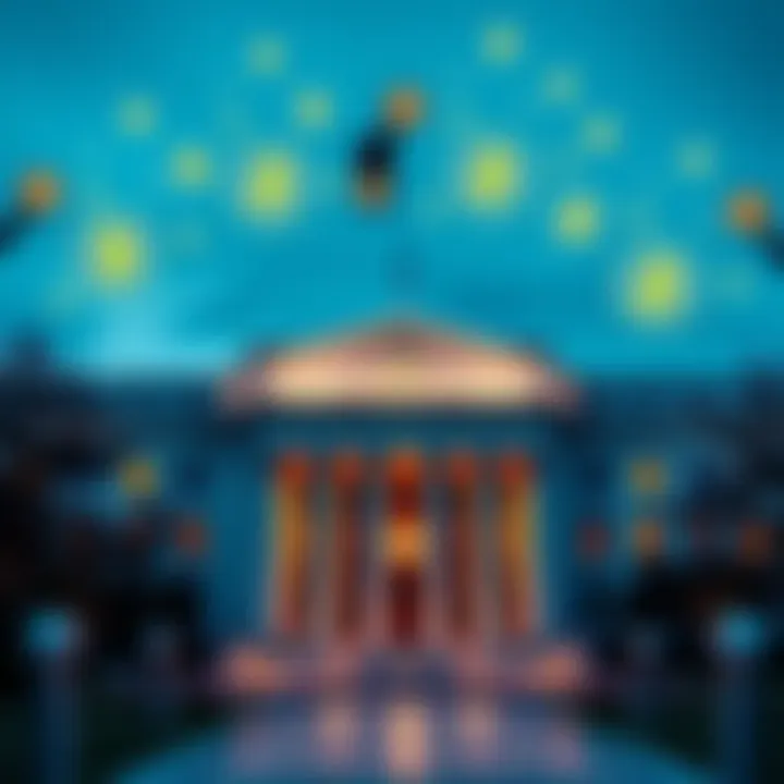 Federal Reserve building with digital currency icons around it, representing staff holding limited cryptocurrency