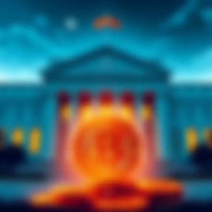 An illustration of a Federal Reserve building with a Bitcoin symbol in front, representing the potential policy change allowing staff to hold cryptocurrency.