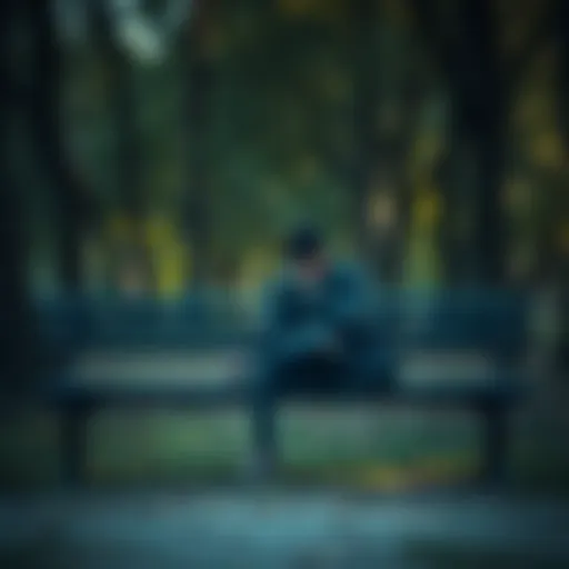 A person sitting on a park bench looking stressed and deep in thought, surrounded by trees