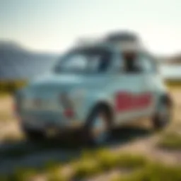 A Fiat Topolino 500 Giardiniera converted into an electric vehicle with Bitcoin mining equipment visible, parked in a sunny area showcasing solar panels.