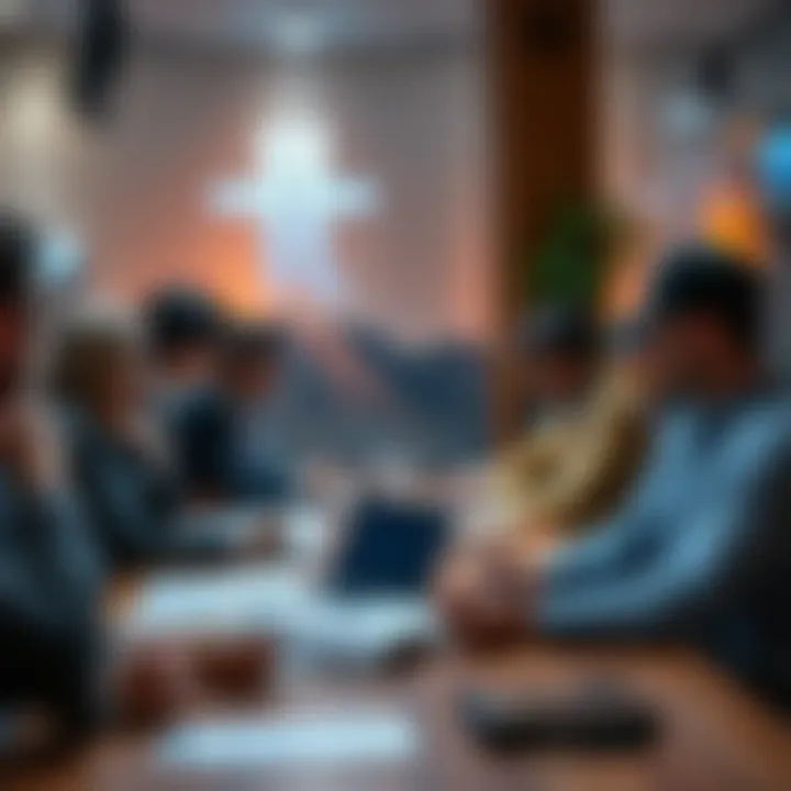 People discussing final payments and BTC market rates at a table with papers and laptops
