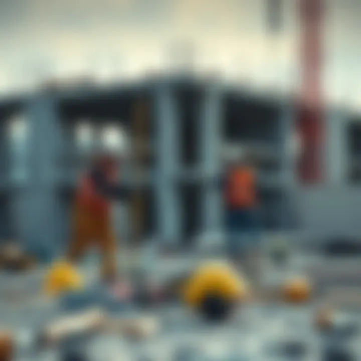 Workers adding the last details to a nearly finished construction site, showing tools and materials around.