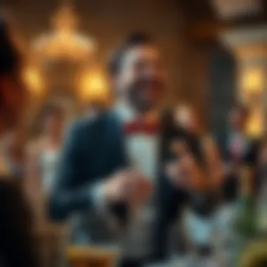 A man in a suit at a wedding reception, laughing and sharing a humorous story about Bitcoin investments, surrounded by guests enjoying the moment.