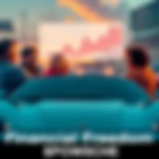 A group of car enthusiasts discussing financial growth with charts and cars in the background
