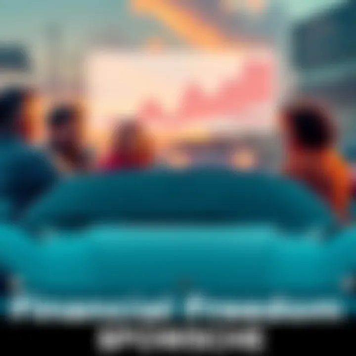 A group of car enthusiasts discussing financial growth with charts and cars in the background