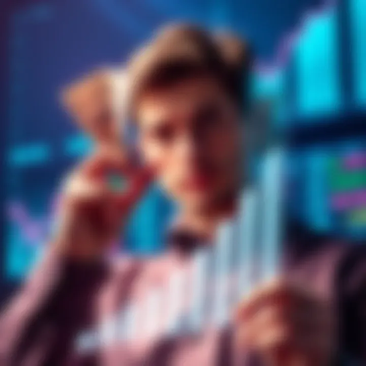 A person looking at a chart with upward trends and dollar bills, representing big financial thinking.