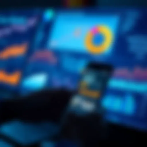 A person using a smartphone with financial management app open, surrounded by charts and graphs illustrating money management concepts.